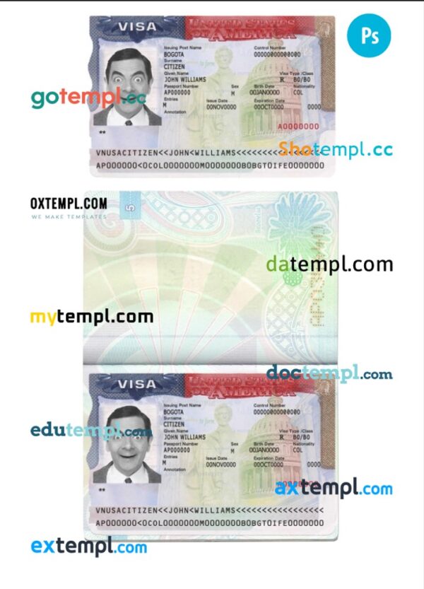 USA Tourist Visa template in PSD format, fully editable
