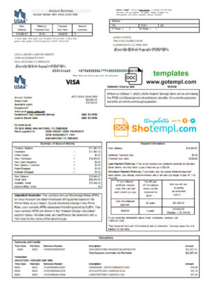 USA USAA bank Credit card statement template in Word and PDF format