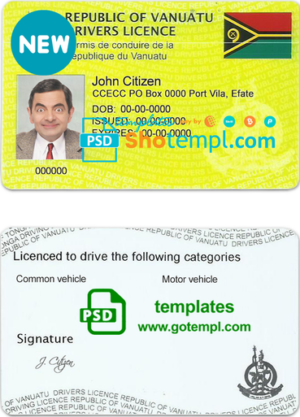 Vanuatu driving license template in PSD format, fully editable, with all fonts
