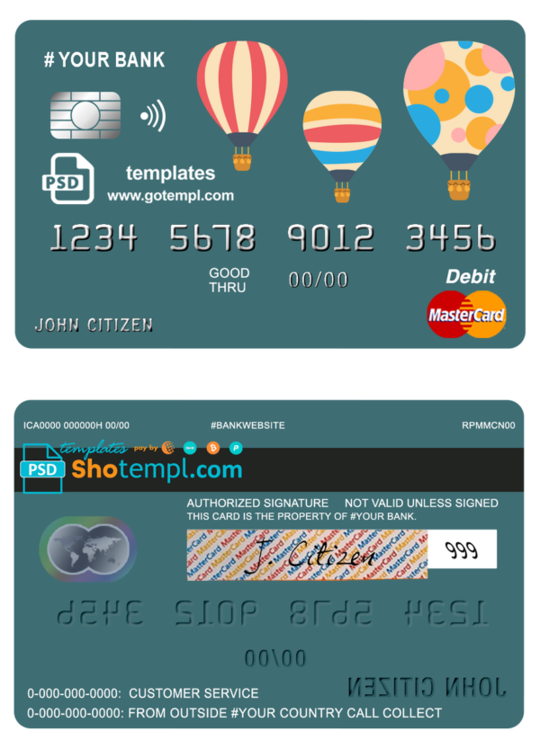 # baloon bio universal multipurpose bank mastercard debit credit card template in PSD format, fully editable