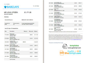 United Kingdom Barclays bank statement template in Word and PDF format, version 3 (2 pages)