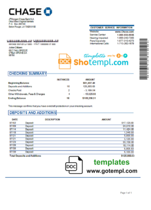 USA JP Morgan Chase bank statement template in Word and PDF format, .doc and .pdf format