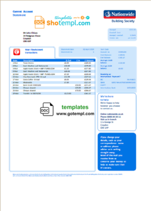 United Kingdom Nationwide bank statement template in Word and PDF file format