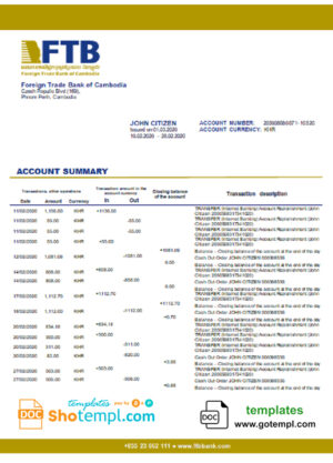 Cambodia Foreign Trade Bank of Cambodia bank statement template in Word and PDF format