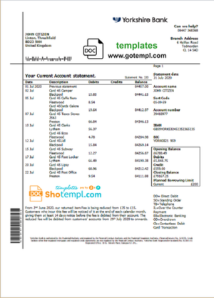 United Kingdom Yorkshire Bank statement template in Word and PDF format, good for address prove