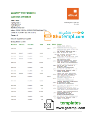 Nigeria GTBank proof of address bank statement template in Word and PDF format