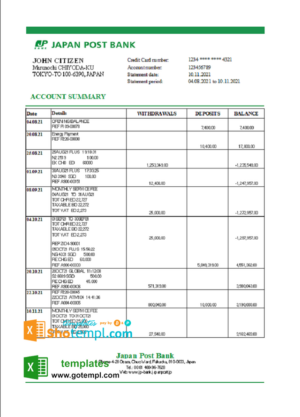 Japan Post bank statement easy to fill template in Excel and PDF format