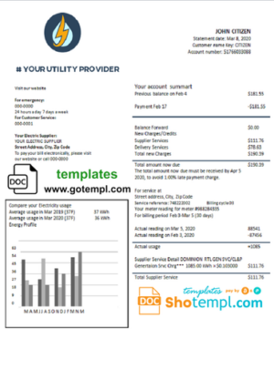 Ireland Meteor utility bill template in Word and PDF format