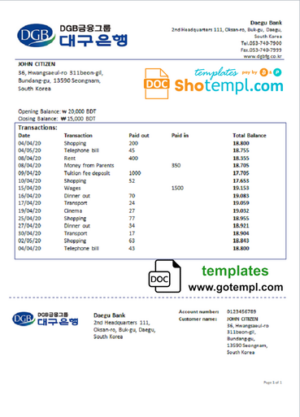 South Korea Daegu bank proof of address statement template in Word and PDF format