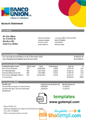 Bolivia Banco Union bank statement template in Word and PDF format