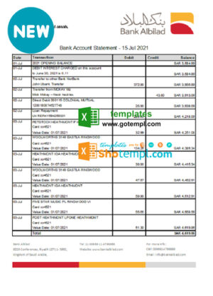 Saudi Arabia Bank Albilad bank statement easy to fill template in Excel and PDF format