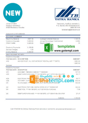 Slovakia Tatra Bank statement easy to fill template in .xls  and .pdf file format