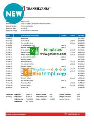 Romania Banca Transilvania bank statement easy to fill template in .xls and .pdf file format