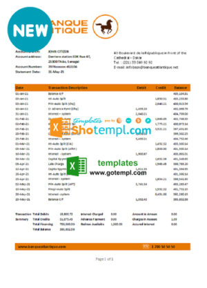 Senegal Banque Atlantique Bank statement easy to fill template in .xls and .pdf file format