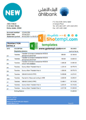 Qatar Ahlibank statement easy to fill template in Excel and PDF format
