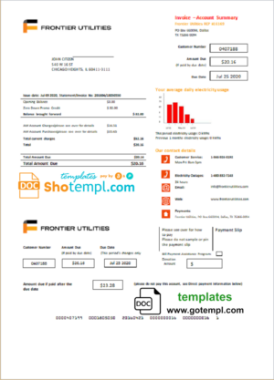 USA Texas Frontier Utilities utility bill template in Word and PDF format
