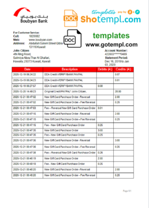 Kuwait Boubyan bank proof of address statement template in Word and PDF format