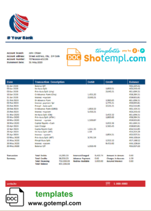 Mongolia Transbank bank statement template in Word and PDF format