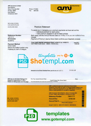 New Zealand AMI proof of address bank statement template, fully editable in PSD format