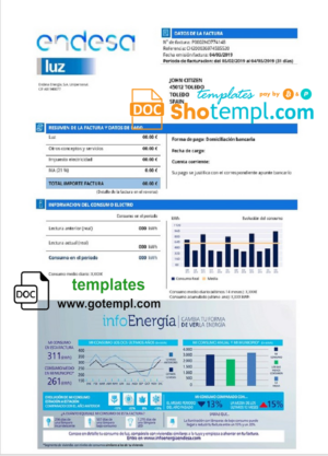 Spain Endesa luz utility bill template in Word and PDF format