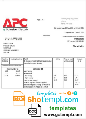 United Kingdom APC electricity utility bill template in Word and PDF format
