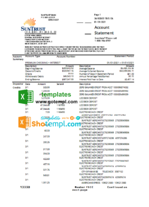 USA SunTrust bank proof of address statement template in .xls and .pdf format