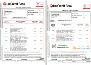 Romania UniCredit Bank statement template in Word and PDF format (2 pages) in Romanian and English languages