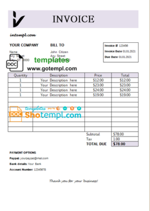 # great setting universal multipurpose professional invoice template in Word and PDF format, fully editable