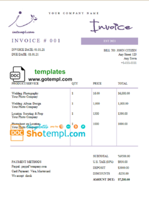 # flash crow universal multipurpose professional invoice template in Word and PDF format, fully editable