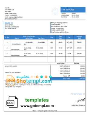 # care module universal multipurpose tax invoice template in Word and PDF format, fully editable