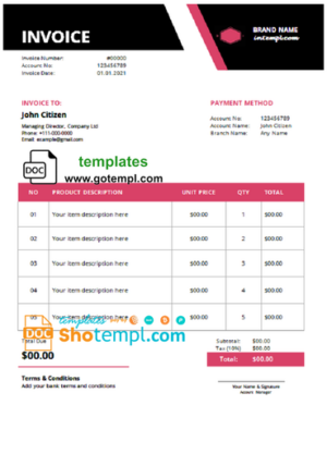 # nation eternal universal multipurpose professional invoice template in Word and PDF format, fully editable