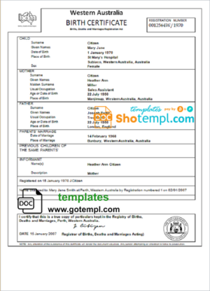 Australia Western Australia birth certificate template in Word format, version 3