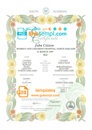 Australian South Australia decorative (commemorative) birth certificate template in PSD format, fully editable
