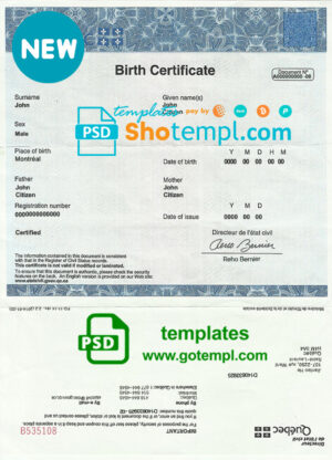 Canada Quebec Birth Certificate template in PSD format