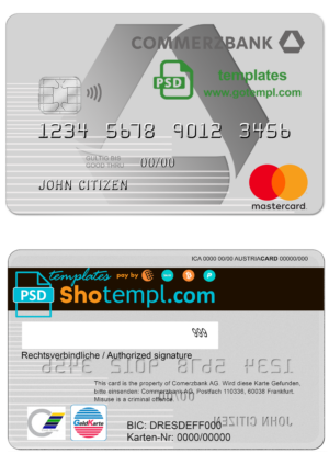 Germany Commerzbank Bank mastercard template in PSD format, fully editable