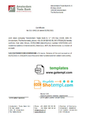 Netherlands Amsterdam Trade Bank account balance certificate template in Word and PDF format