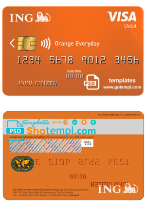 Netherlands ING Orange visa card template in PSD format, fully editable
