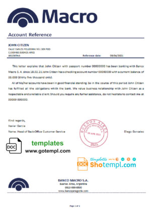 Argentina Banco Macro bank account balance reference letter template in .doc and .pdf format