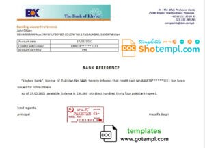 Pakistan Khyber bank account balance reference letter template in Word and PDF format