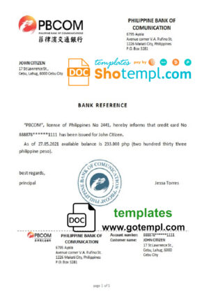 Philippines Pilippine Bank of Comunication bank account balance reference letter template in Word and PDF format