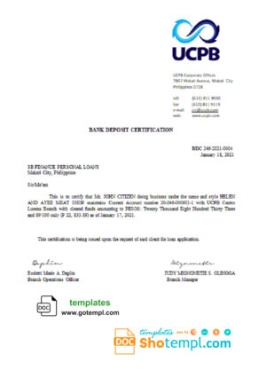 Philippines UCPB bank account balance deposit certification letter in Word and PDF format