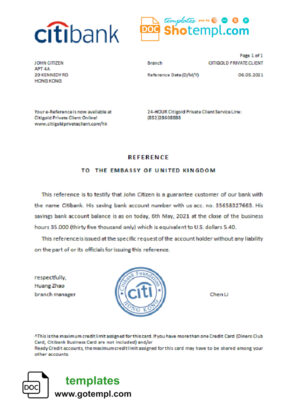 Hong Kong Citibank bank account balance reference letter template in Word and PDF format