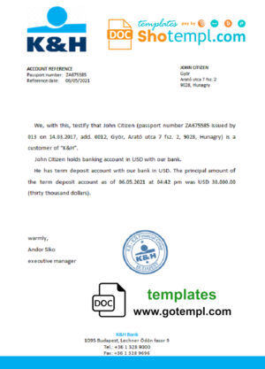Hungary K&H bank account balance reference letter template in Word and PDF format