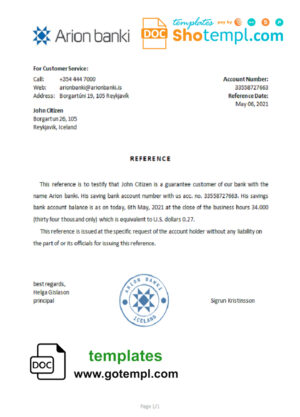 Iceland Arion bank account balance reference letter template in Word and PDF format