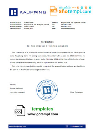 Iceland Kaupthing bank account balance reference letter template in Word and PDF format