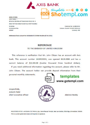 India Axis bank account balance reference letter template in Word and PDF format