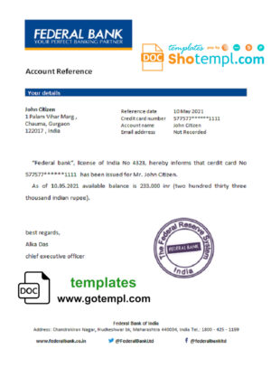 India Federal bank account balance reference letter template in Word and PDF format