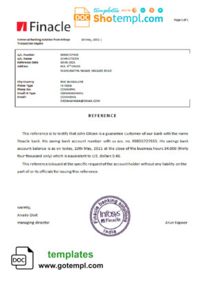 India Finacle bank account balance reference letter template in Word and PDF format