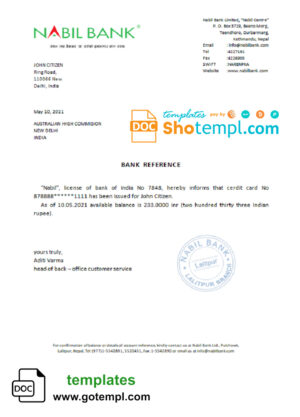 India Nabil bank account balance reference letter template in Word and PDF format