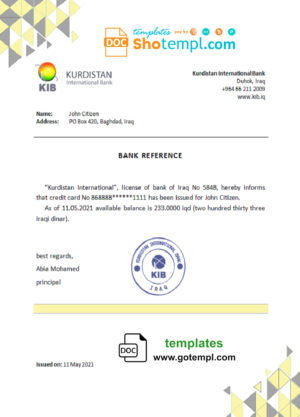Iraq Kurdistan International bank account balance reference letter template in Word and PDF format